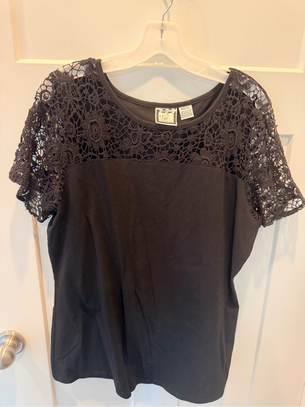 Take Two XL Black Floral Crochet Lace Yoke Short Sleeve Cotton Top